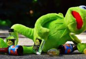Kermit with bottles of booze